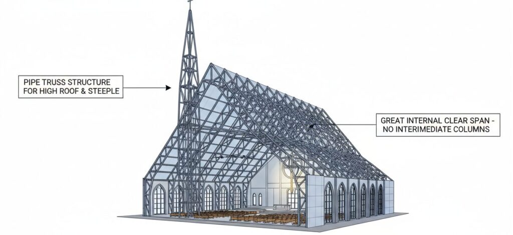 Large-Span Pipe Truss Steeple Church