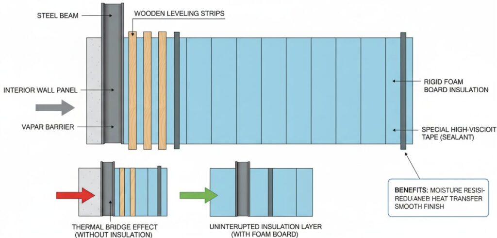 Insulating steel-framed buildings with rigid foam panels.