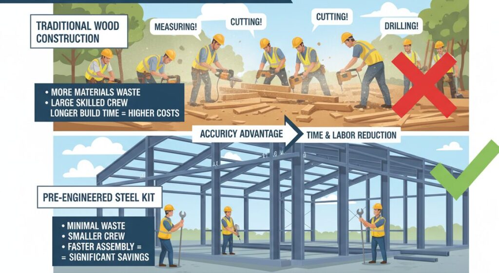 Steel-framed buildings require less labor and construction time than wood-framed buildings.