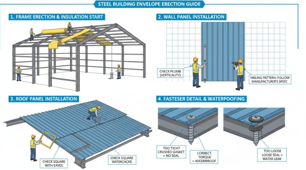 Construction steps for the enclosure and insulation of steel structure buildings.