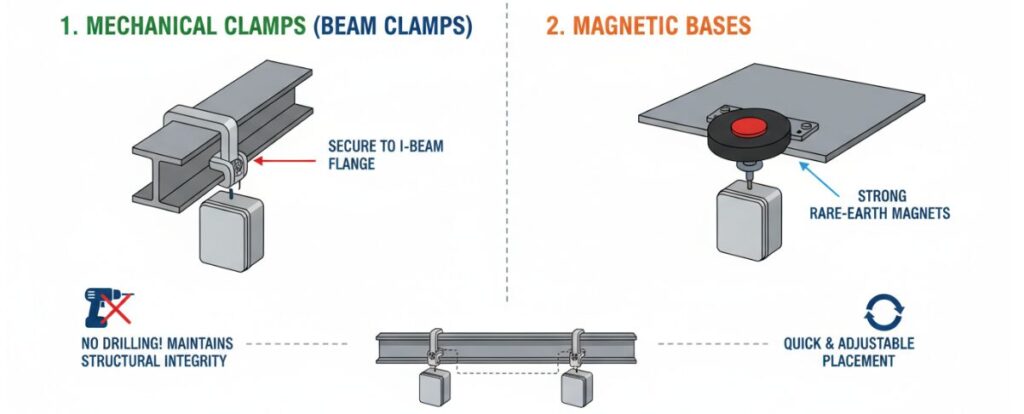 Wiring steel structures using mechanical clamping systems and high-strength magnetic bases.