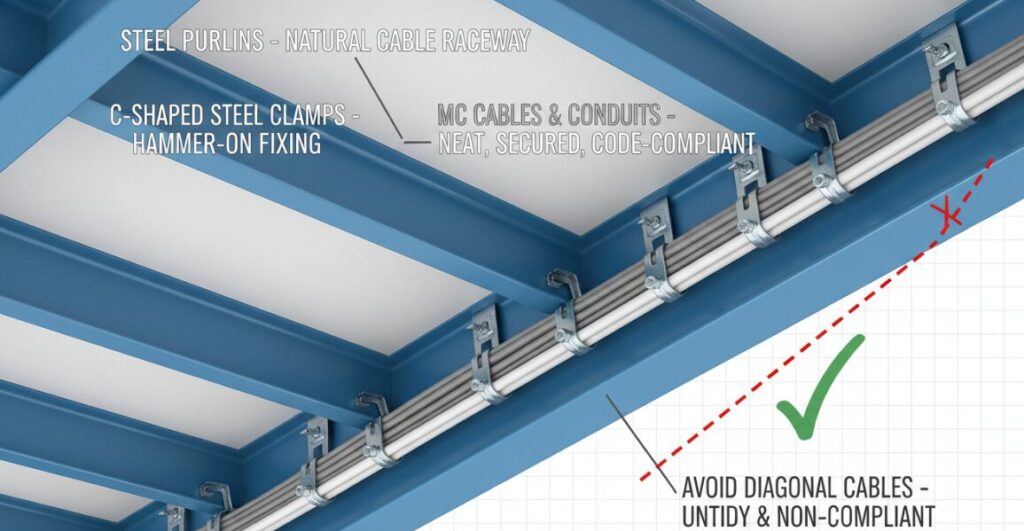 Use C-shaped steel clamps to assist in wiring in steel structure buildings.