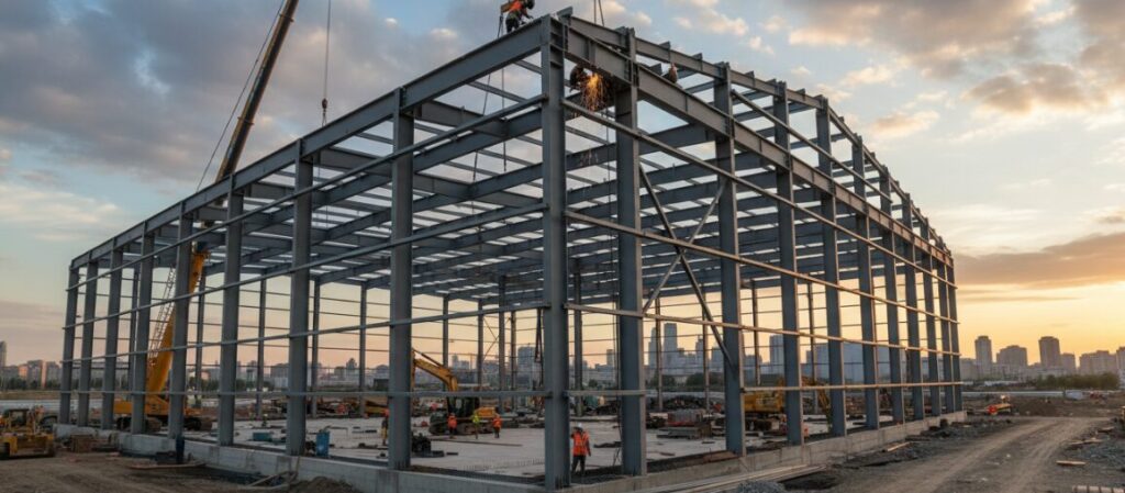Construction site for building a steel building frame