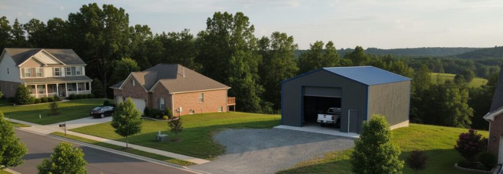 Schematic diagram of a steel-framed garage