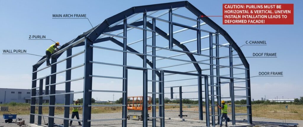 Diagram showing how to build a steel-framed garage.