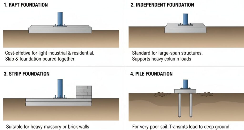 What types of foundations can be used for steel-framed buildings?