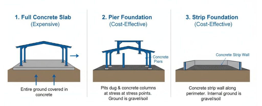 What types of foundations can be used for steel structure buildings?
