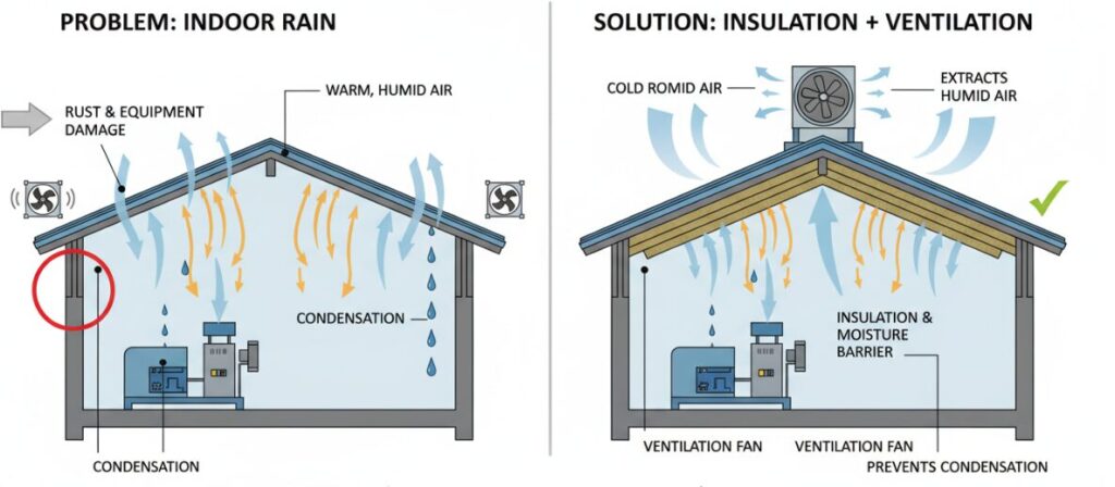 Methods for addressing condensation and insulation problems in steel-framed buildings.