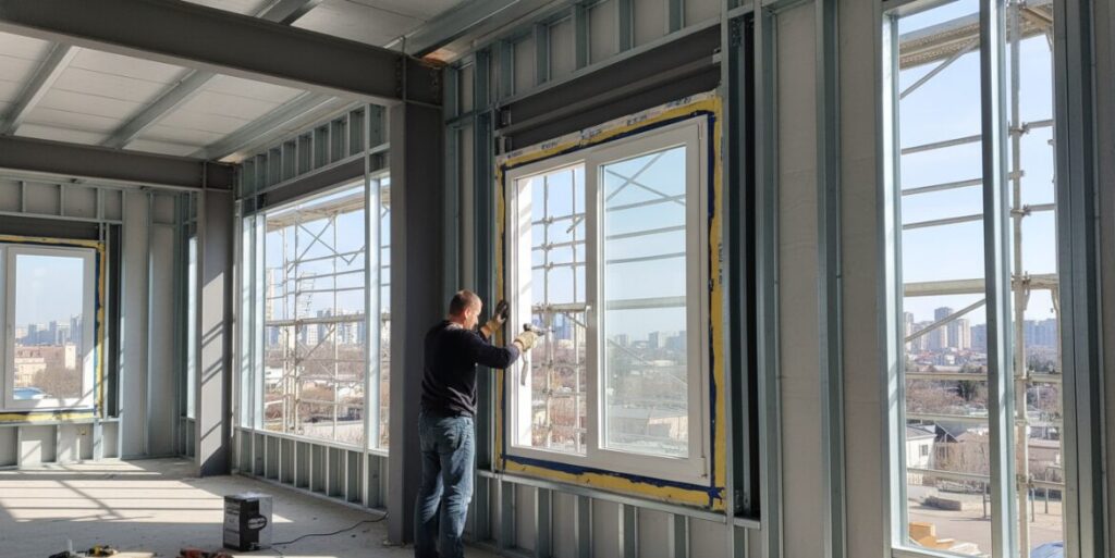 Photos of vinyl windows being installed in a steel-framed building.