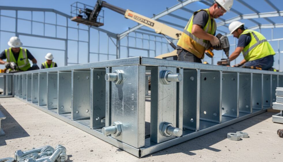 Close-up of bolted connections on steel components