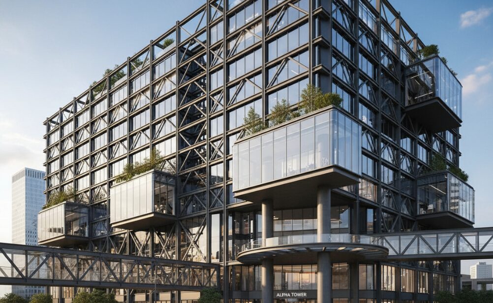 Exterior view of a modern steel structure commercial building