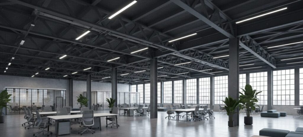 Photos of column-free interior spaces with a "large span".