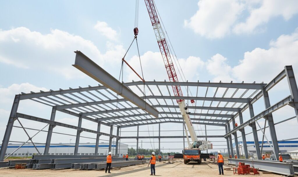 The crane is lifting the prefabricated steel beam components.