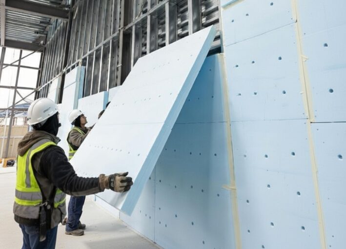 Workers are installing rigid foam boards.