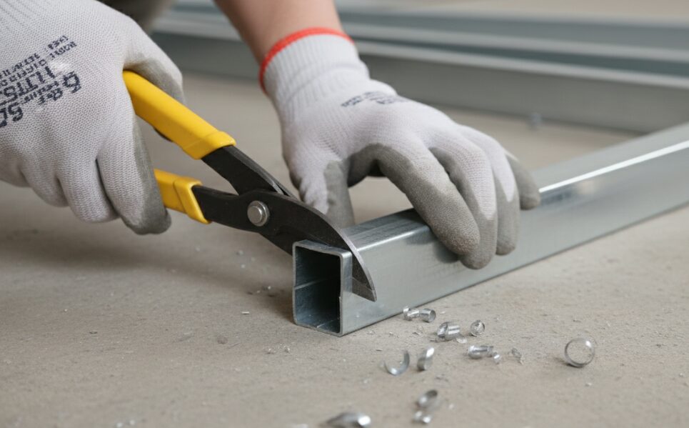 Workers wearing gloves use aviation shears