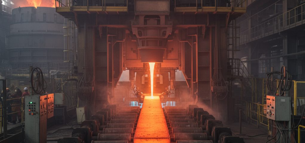 The continuous casting machine is producing steel billets.
