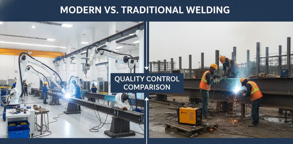 Automated factory welding lines versus manual welding on construction sites