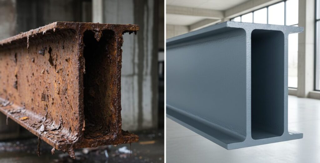 Rusty old steel beams and intact steel beams with protective coatings.