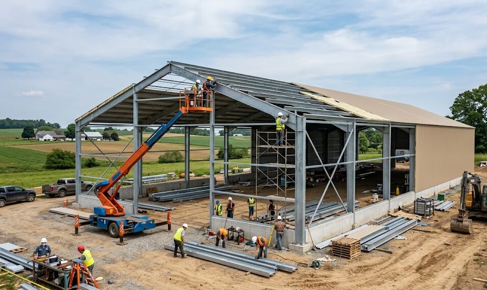 Construction site with workers and machinery