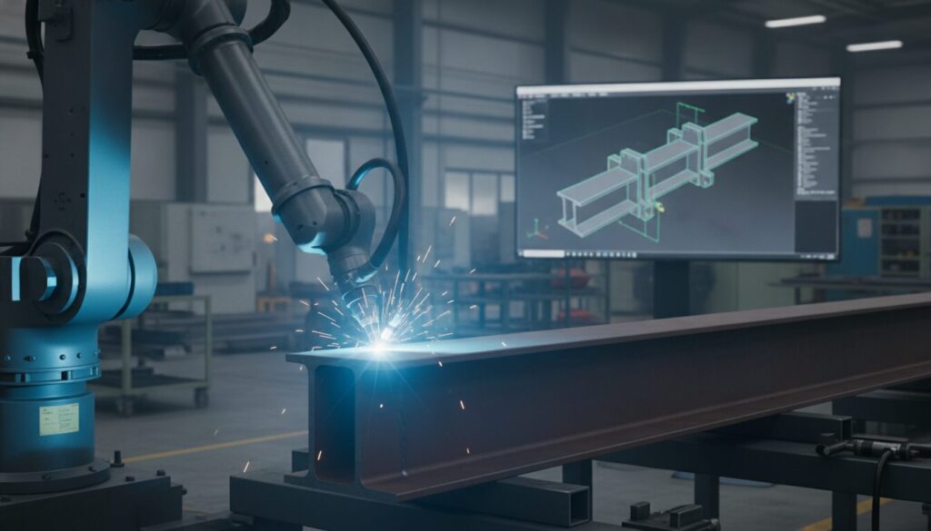 a photo showing a robotic welding arm actively welding a large structural steel I-beam, with a glowing computer screen displaying a 3D CAD model in the background.