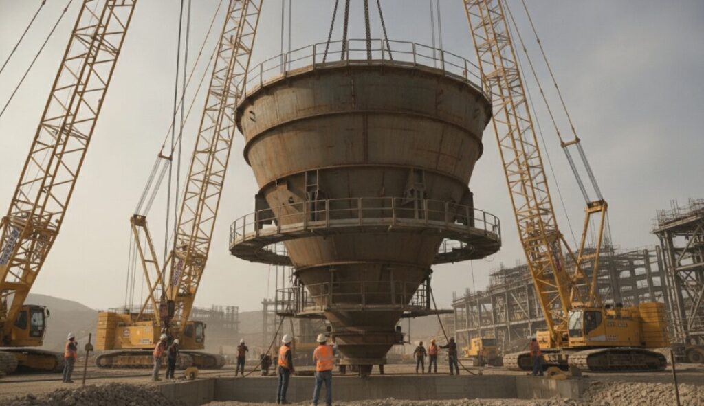 a photo of a massive steel hopper or heavy mining structure being lifted perfectly into place at a construction site.