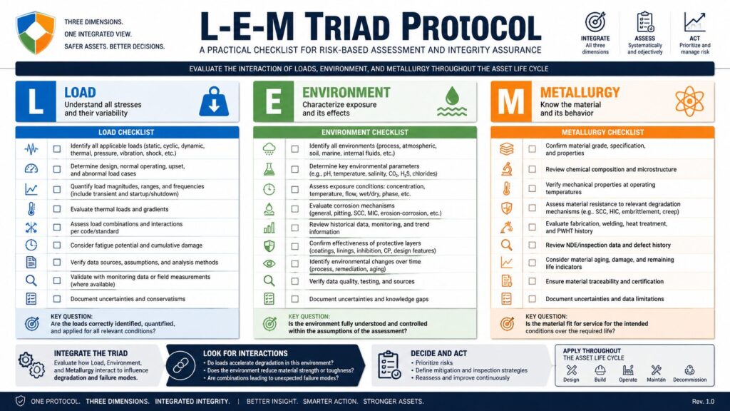 An "L-E-M Triad Protocol" Infographic That Presents The Three Dimensions—Load, Environment, And Metallurgy—In The Form Of A Practical Audit Checklist.