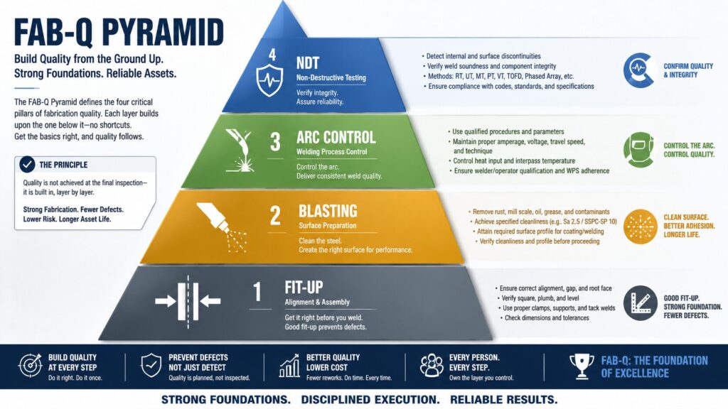 Display A Chart Of The Fab-Q Pyramid, Comprising Four Levels: Fit-Up, Arc Control, Blasting, And Ndt.