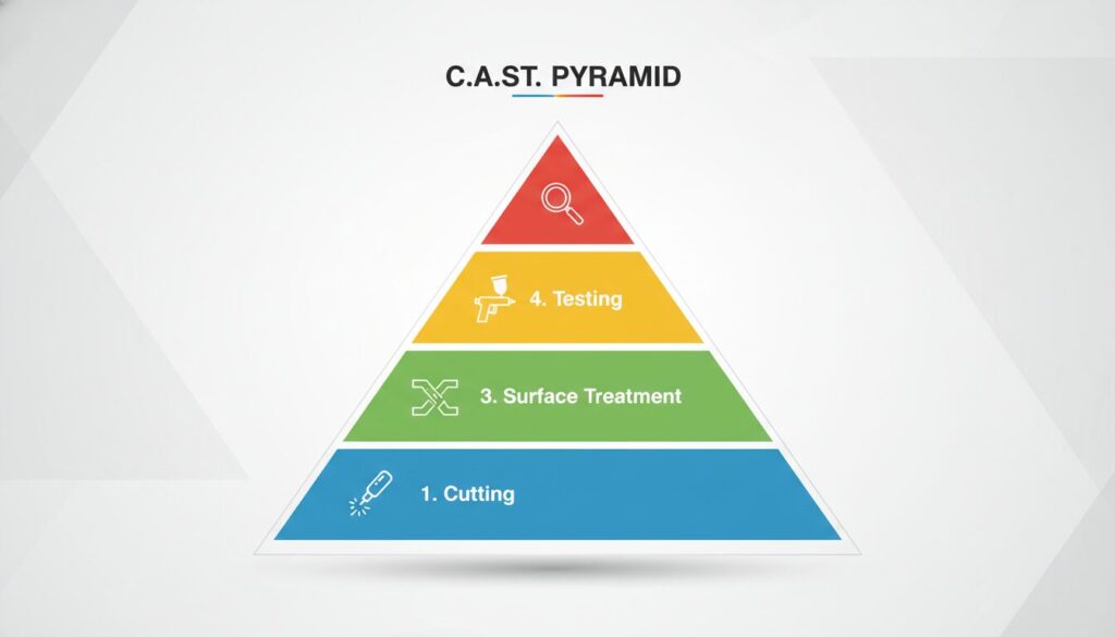 an infographic illustrating the C.A.S.T. Pyramid. Bottom layer: Cutting. Second layer: Assembling. Third layer: Surface Treatment. Top layer: Testing.