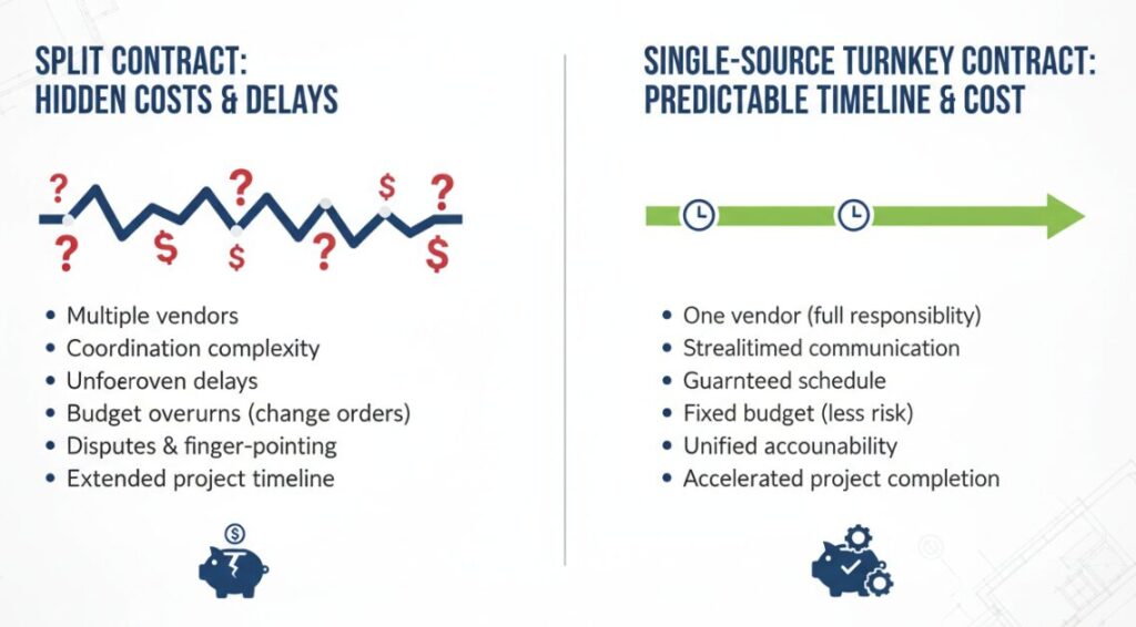 an infographic here comparing the hidden costs of split contracts vs. the predictable timeline of a single-source turnkey contract