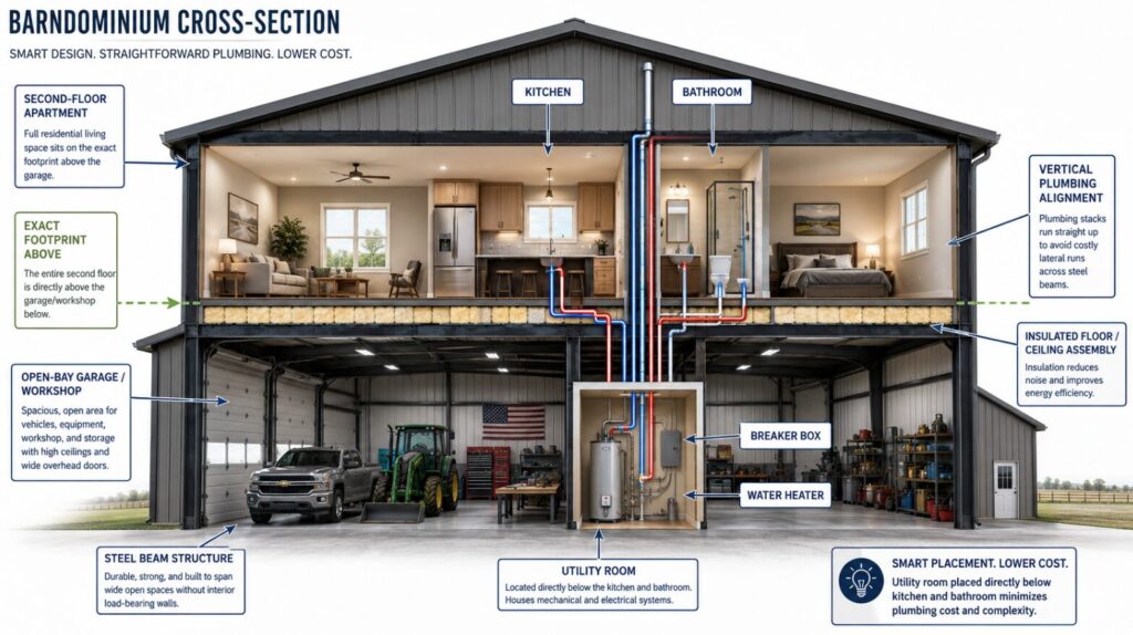 Insert an architectural cross-section graphic of the Barndominium layout, highlighting the vertical alignment of plumbing between the first and second floors
