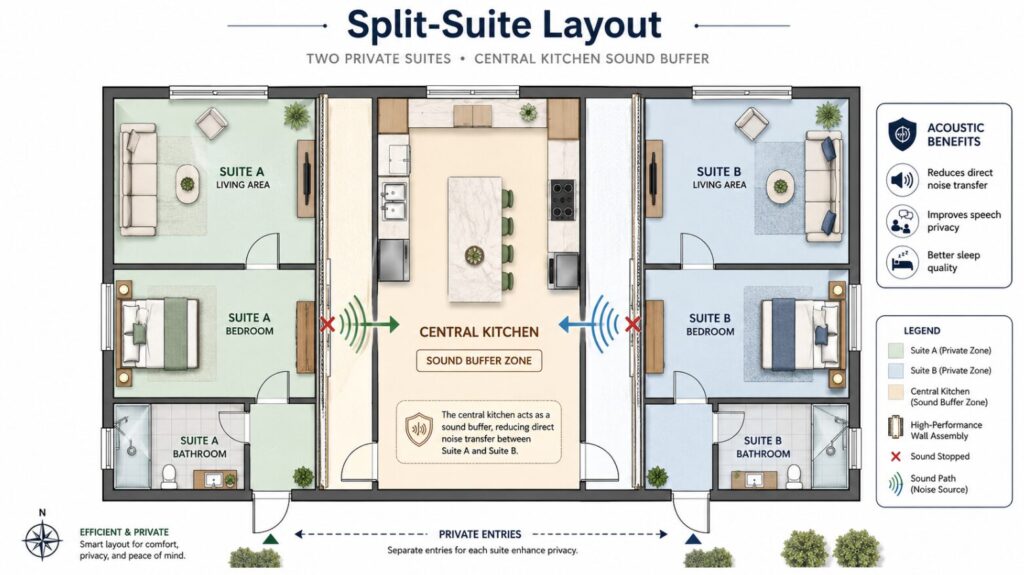 Insert a 2D floor plan graphic of the Split-Suite layout, highlighting the sound buffer created by the central kitchen placement