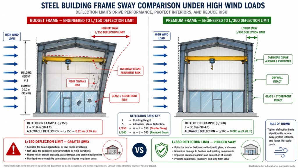 Insert an engineering diagram showing the sway difference between an L/150 deflection limit and a strict L/360 deflection limit under high wind loads.